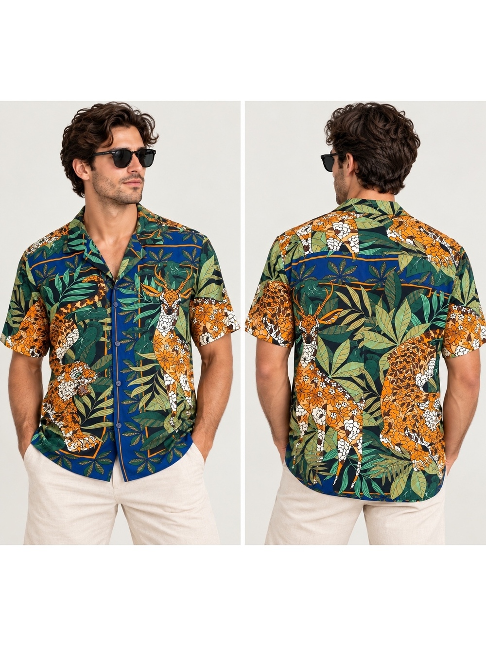 Topman Tiger Deer Jungle Shirt Mens L Botanical Maximalist Retro 70s